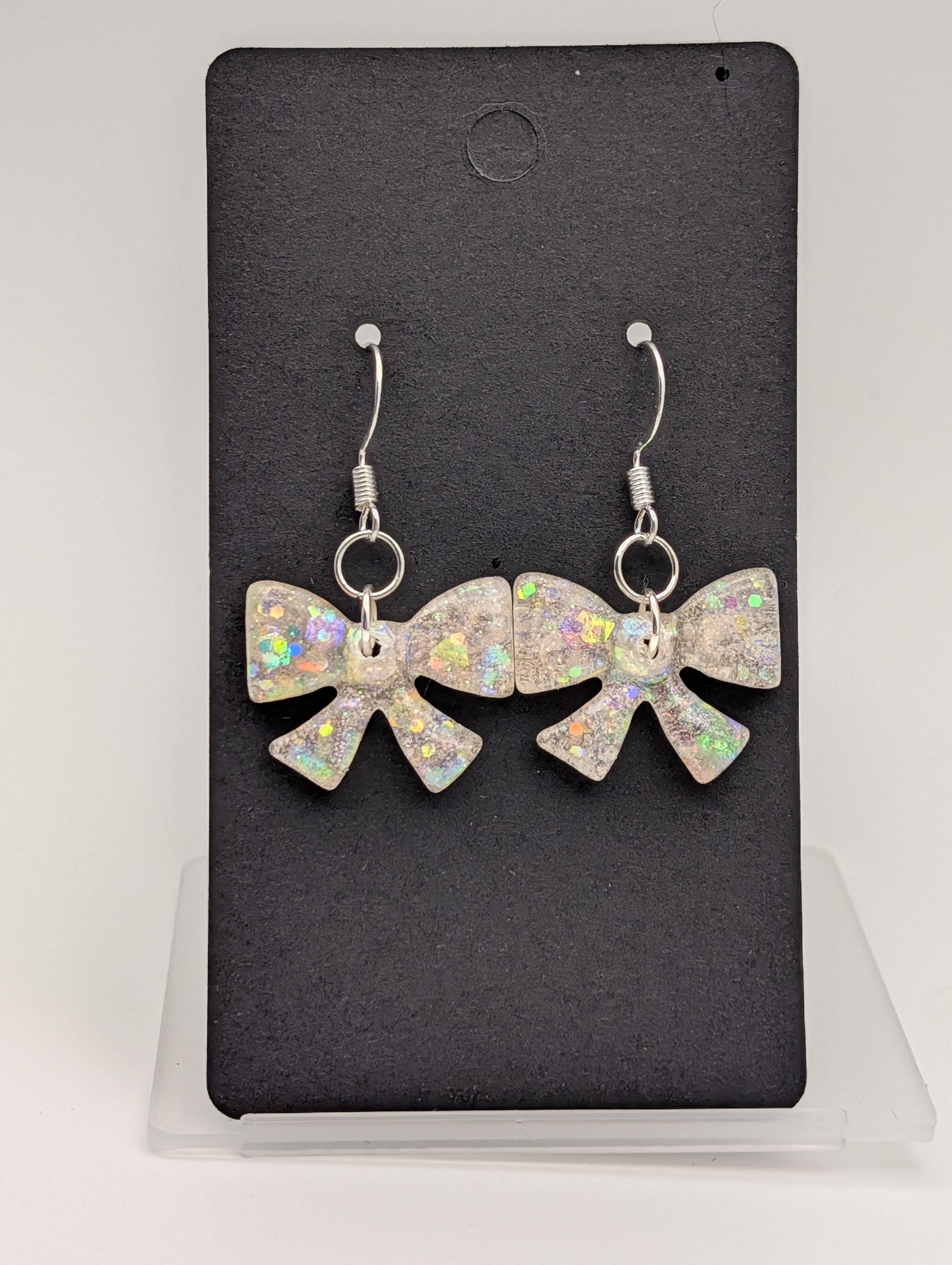 Iridescent Ribbon Bows - Resin Silver Plated Drop Earrings