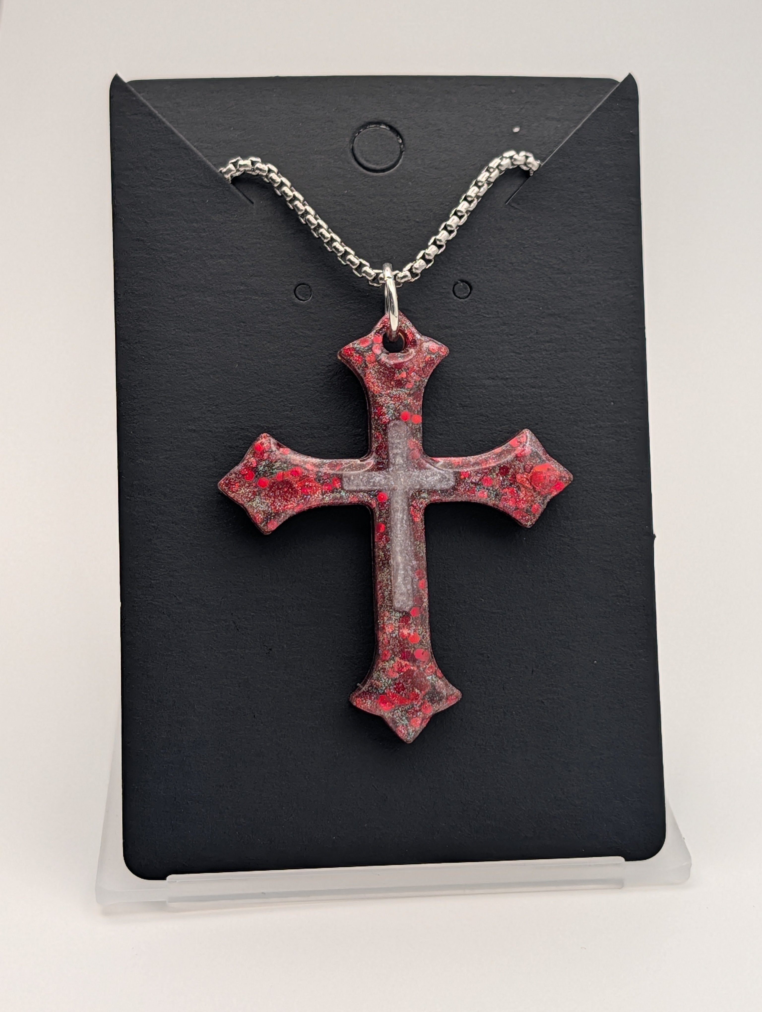 Crimson Sanctuary Necklace - Stainless Steel Resin Cast Cross Necklace