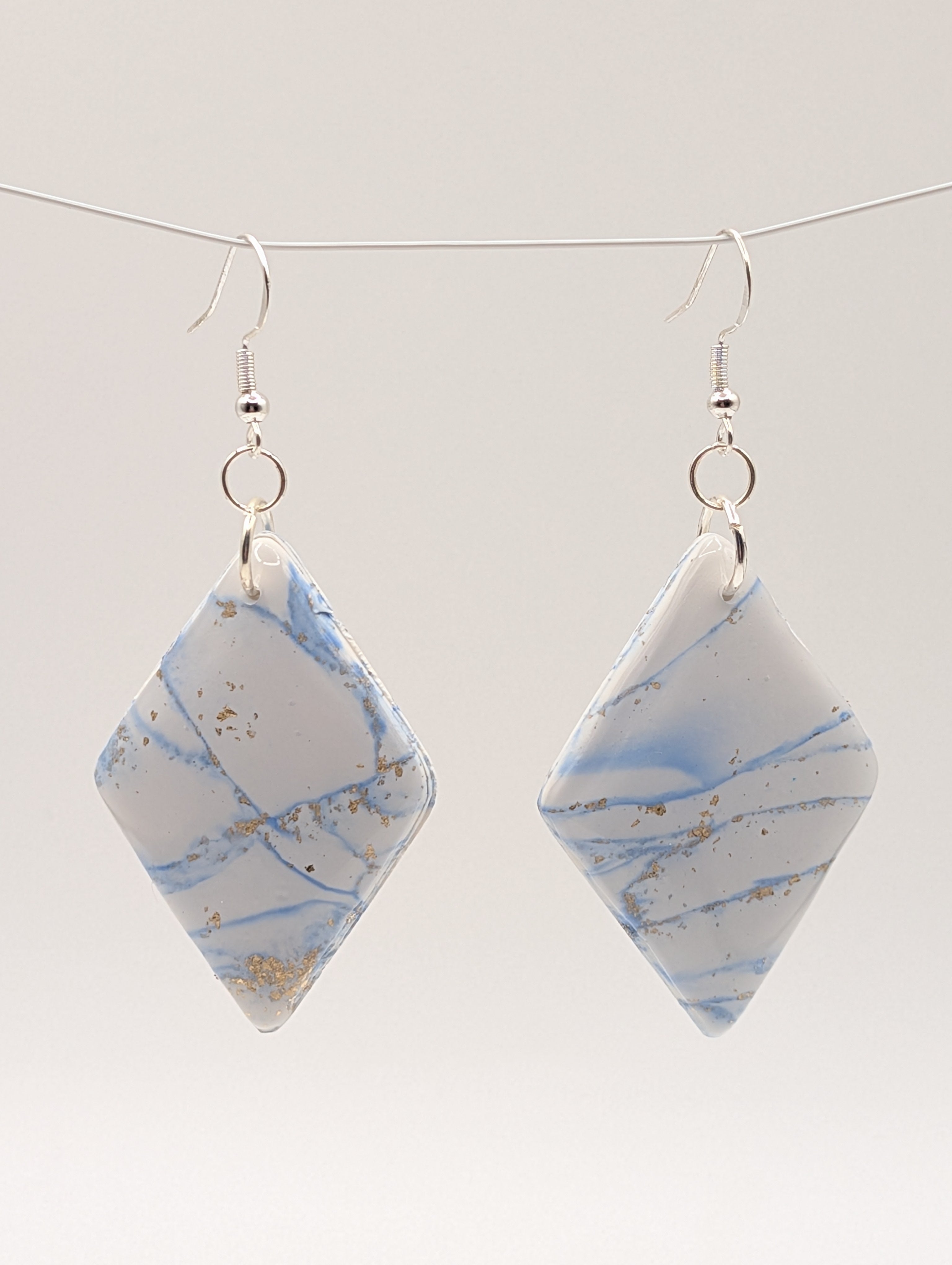 Azure Marble Diamonds - Sterling Silver Polymer Clay Drop Earrings