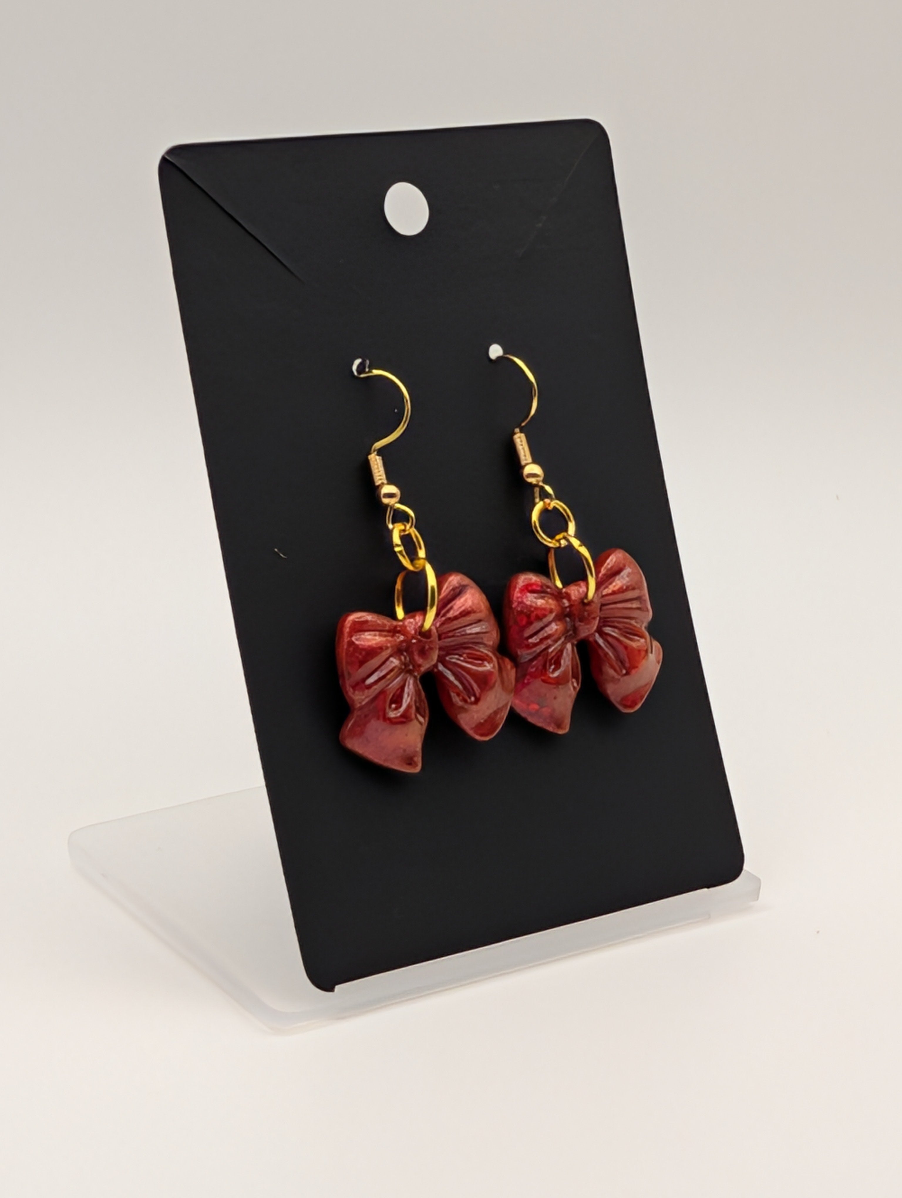 Crimson Velvet Bows - 18k Gold Plated Resin Drop Earrings