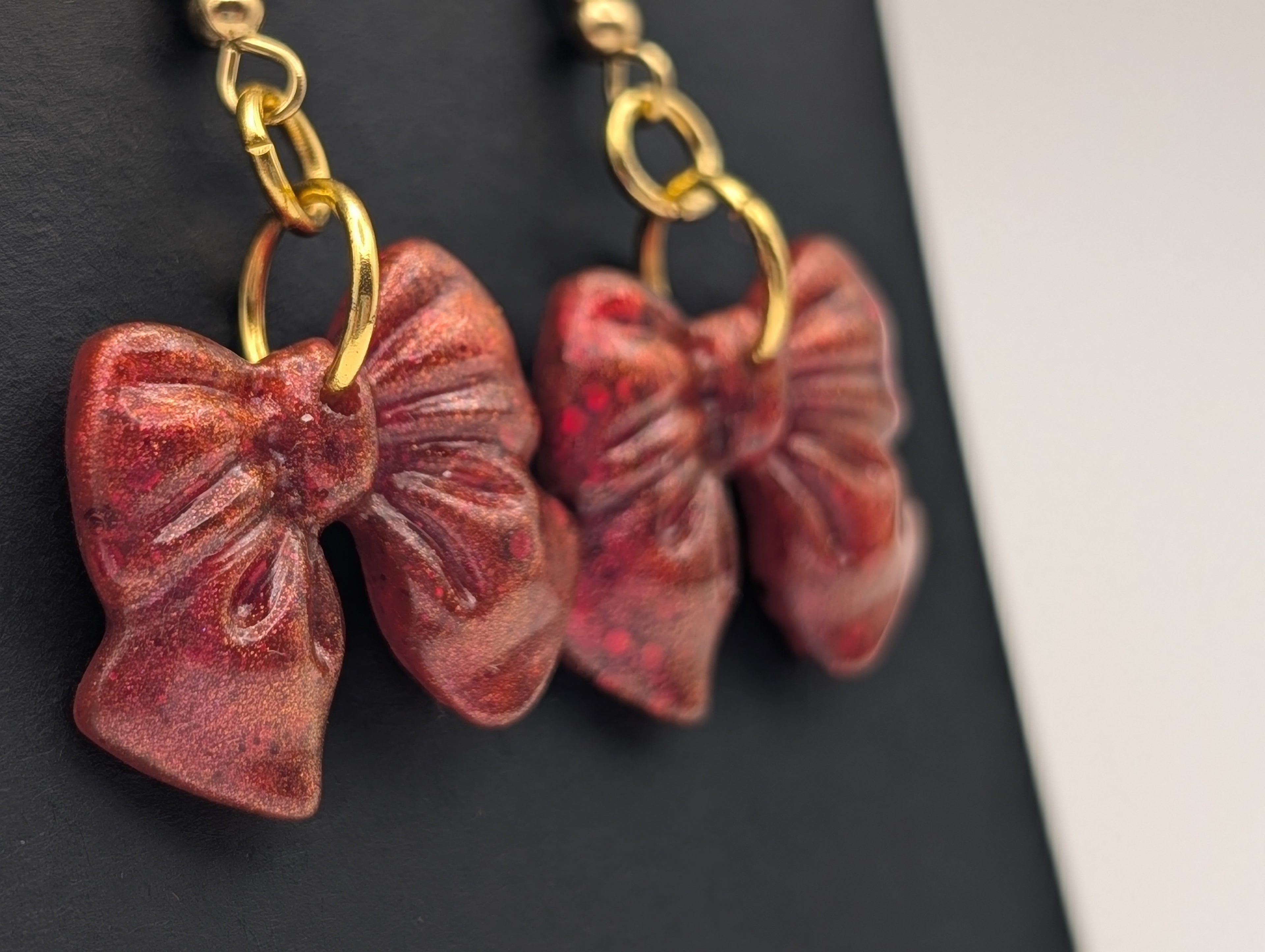 Crimson Velvet Bows - 18k Gold Plated Resin Drop Earrings