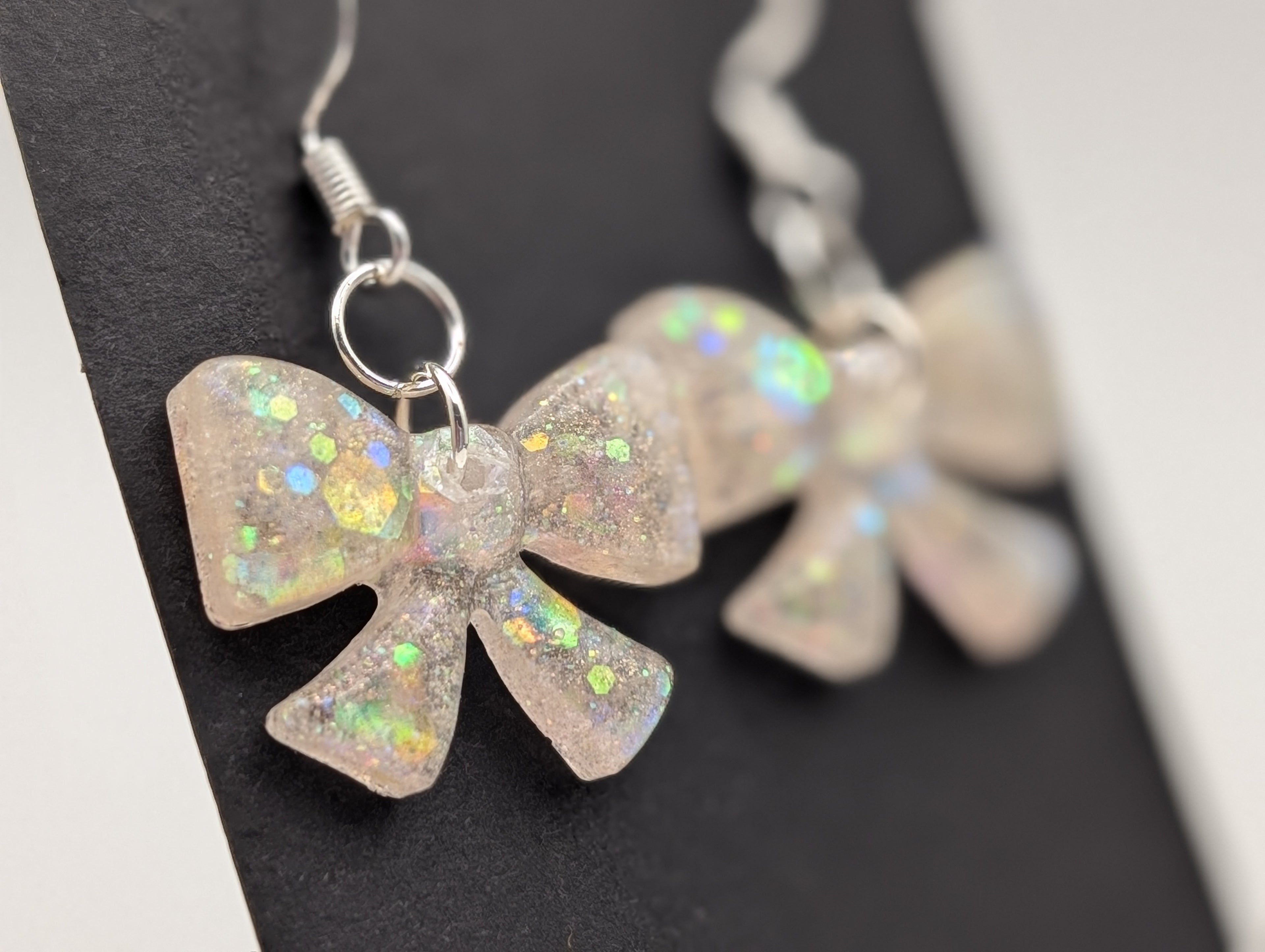 Iridescent Ribbon Bows - Resin Silver Plated Drop Earrings