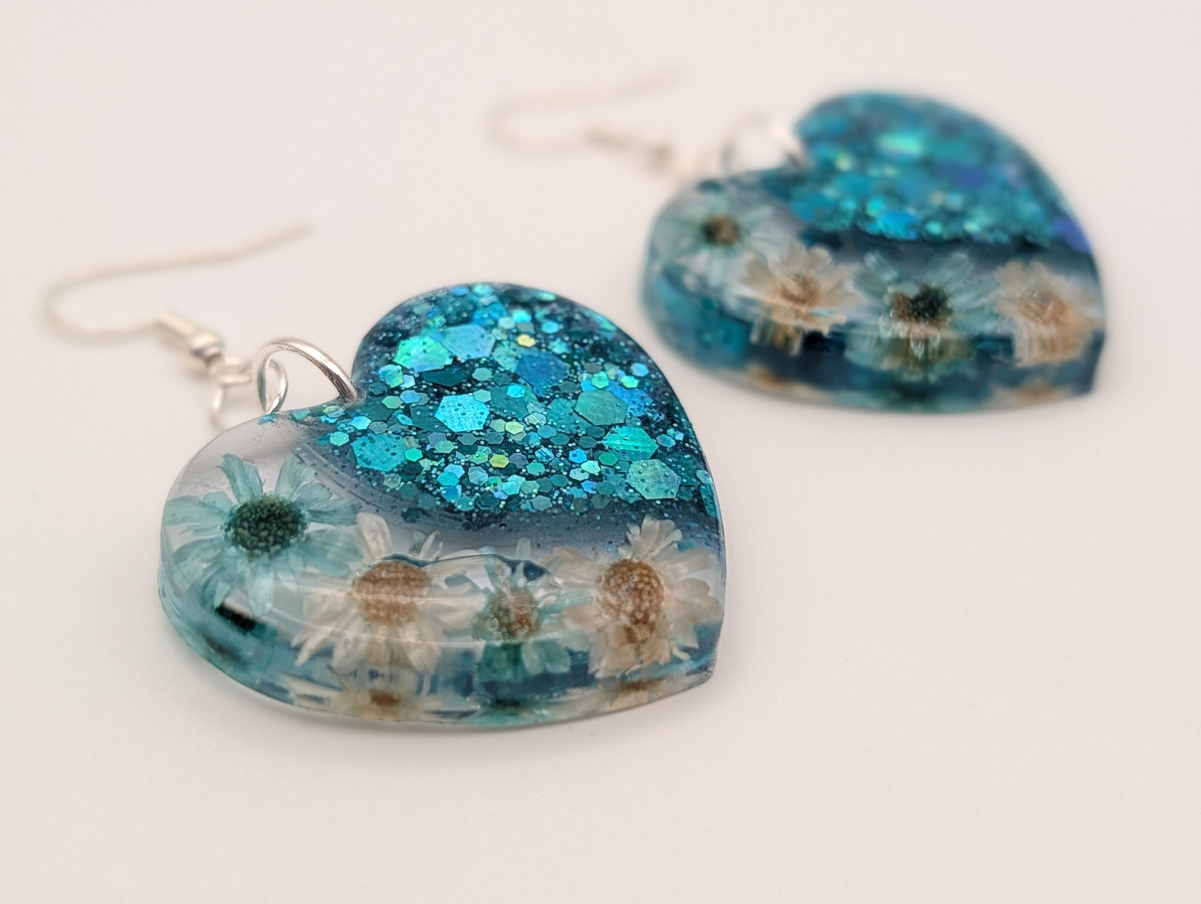 Azure Bloom Heart Drops - Silver Plated Drop Earrings