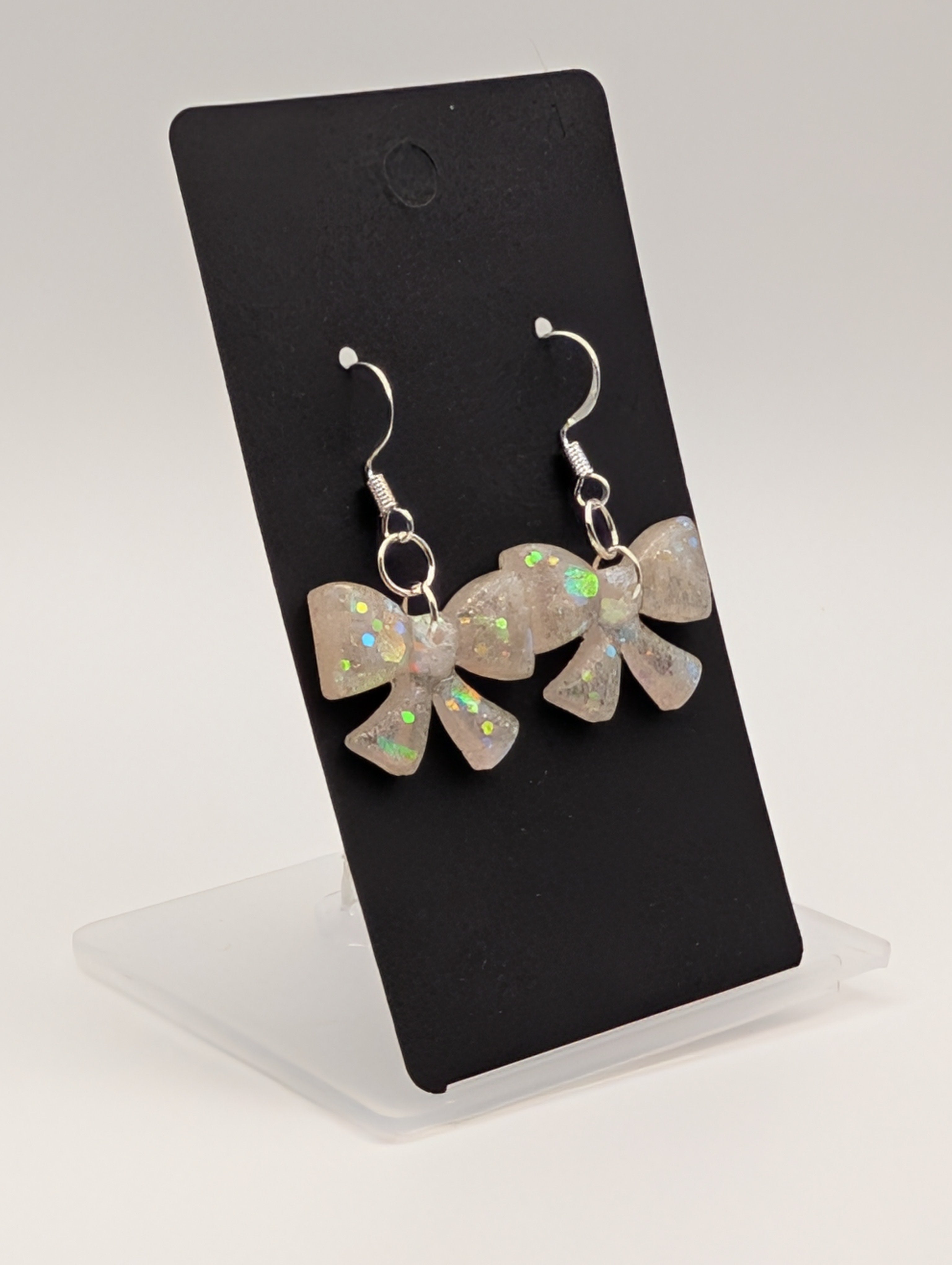 Iridescent Ribbon Bows - Resin Silver Plated Drop Earrings